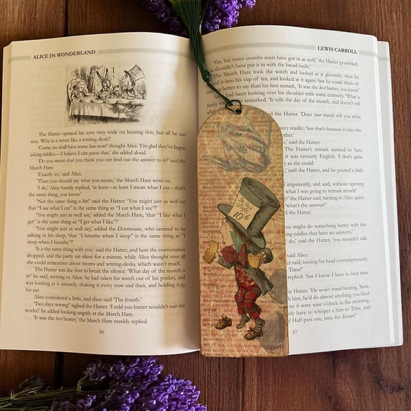 Bookmark, wooden decoupage bookmark, mad hatter