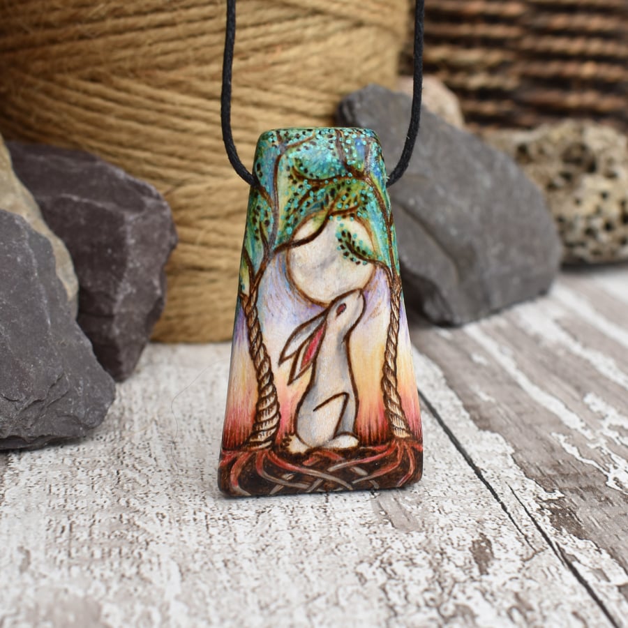 Moongazing hare and twisted trees pyrography wooden necklace, wood anniversary. 