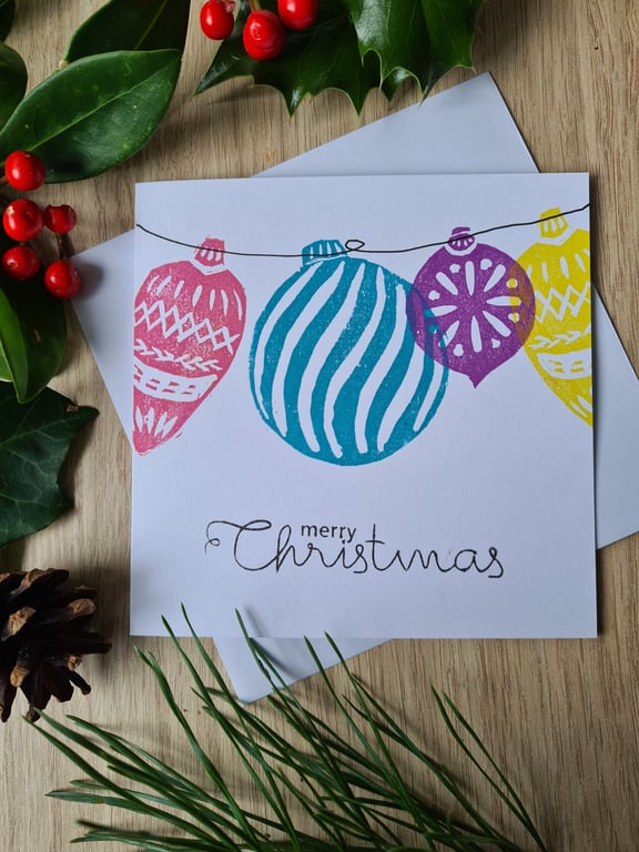 Bauble christmas card handprinted 