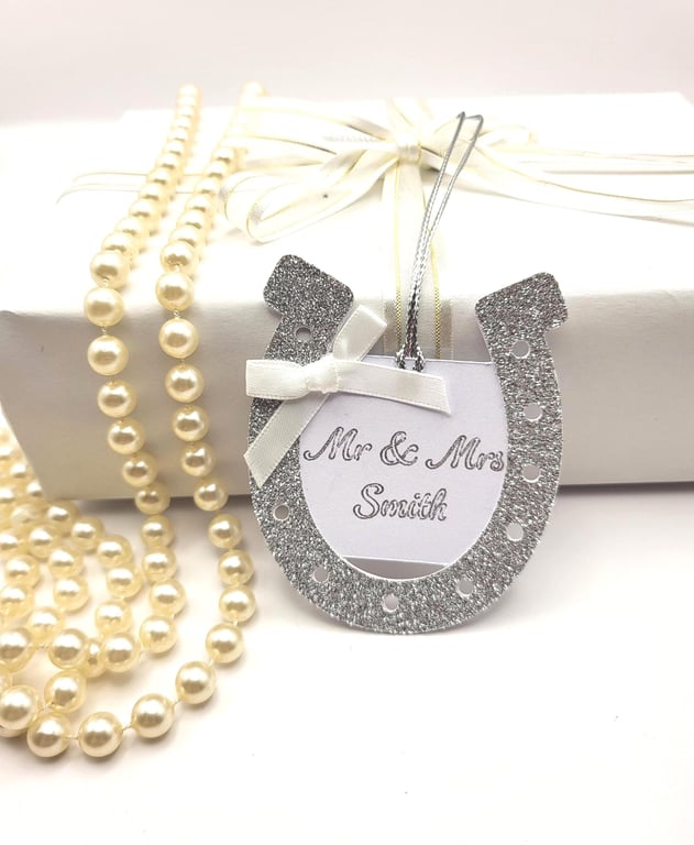Personalised Glitter Horseshoe Gift Tag, Wedding Day, Anniversary Keepsake