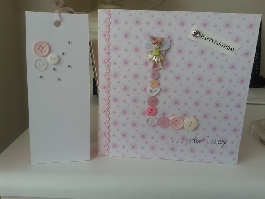 Cute fairy button initial card with gift tag