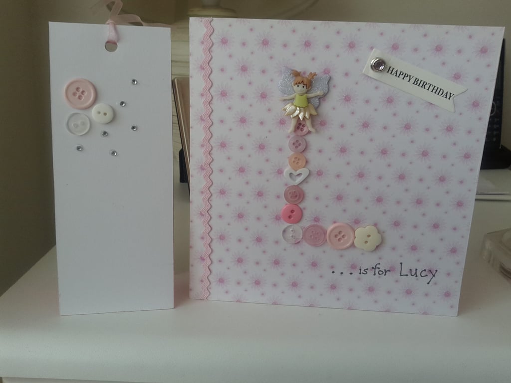 Cute fairy button initial card with gift tag