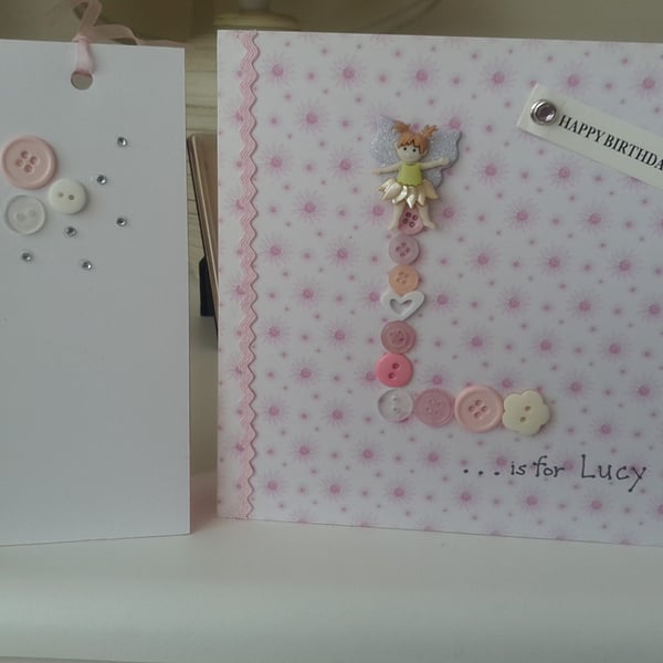 Cute fairy button initial card with gift tag