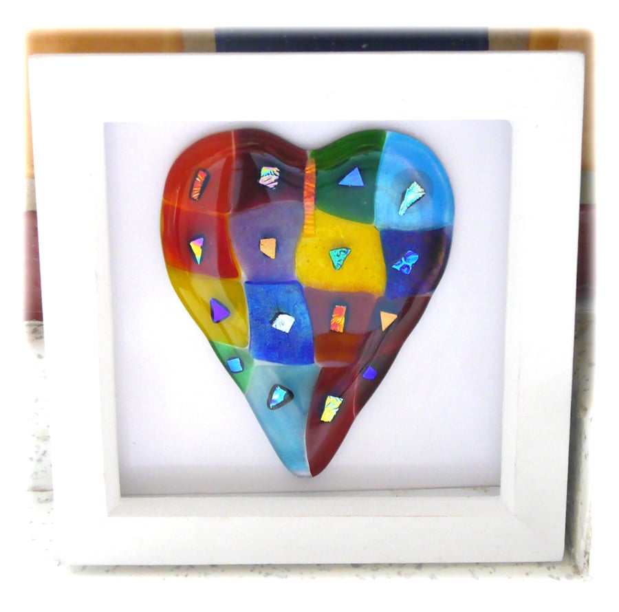 SOLD Rainbow Patchwork Heart in Box Frame Fused Glass Picture 005 006 