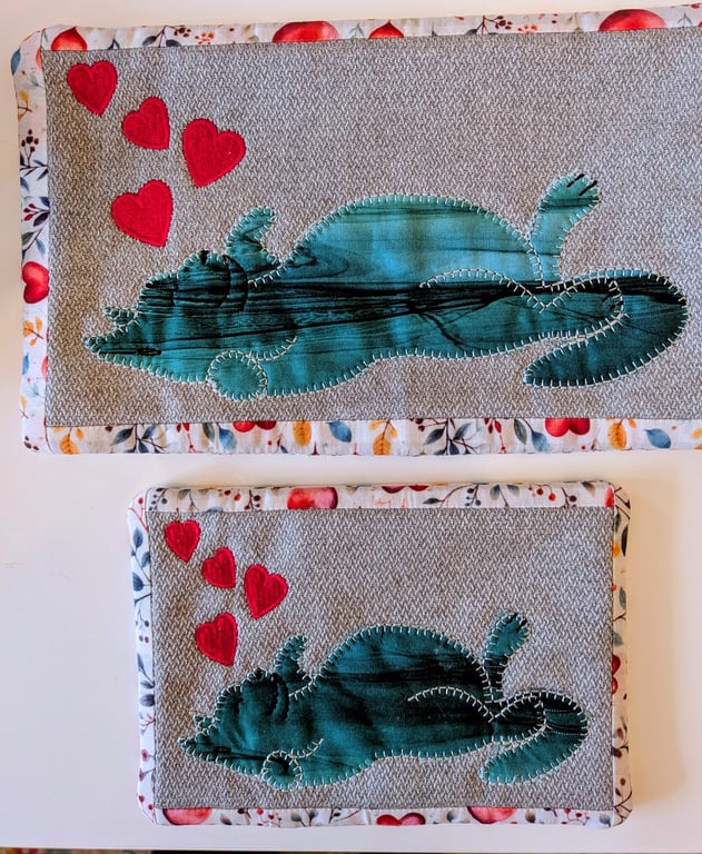 Matching Lazy Cat Embroidered Mug Rug and Coaster Set