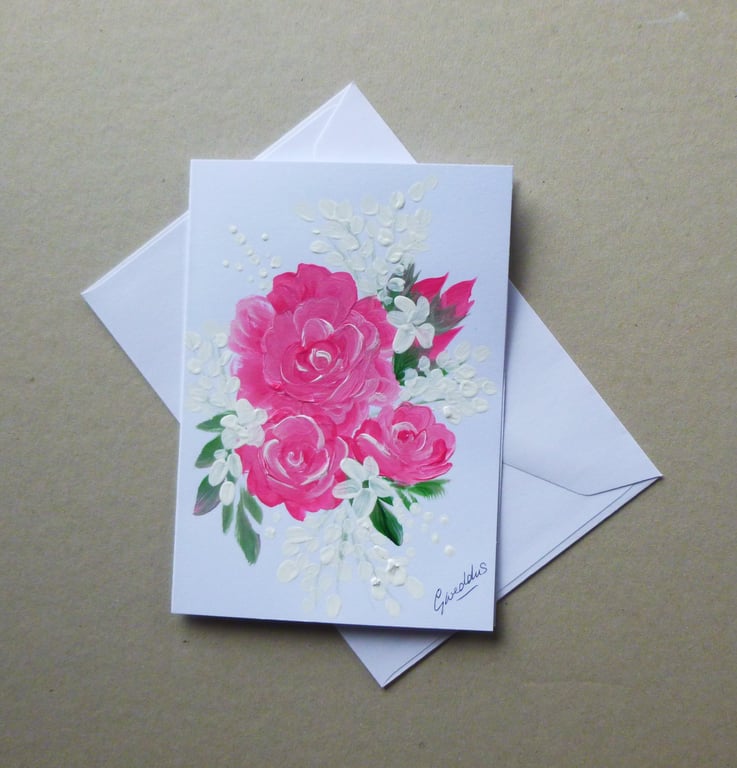 Hand painted floral roses greetings card ( ref FA 303 K1 )
