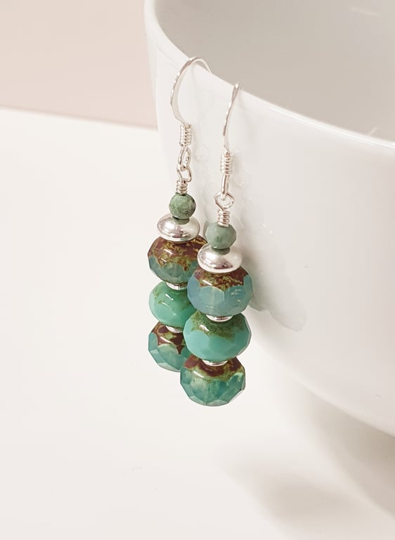 Aqua Glass and Sterling Silver Drop Earrings 