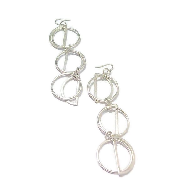 Handmade dangly sterling silver hoop and semi circle geometric long earrings