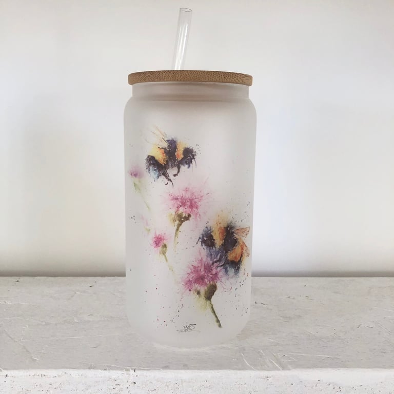 Bumblebee with Thistles Frosted Glass Tumbler with Bamboo Lid & Straw, 500ml 