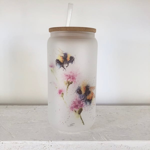 Bumblebee with Thistles Frosted Glass Tumbler with Bamboo Lid & Straw, 500ml 