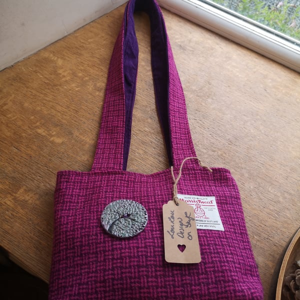 Harris tweed Handbag with handmade button and matching case attached to the bag 