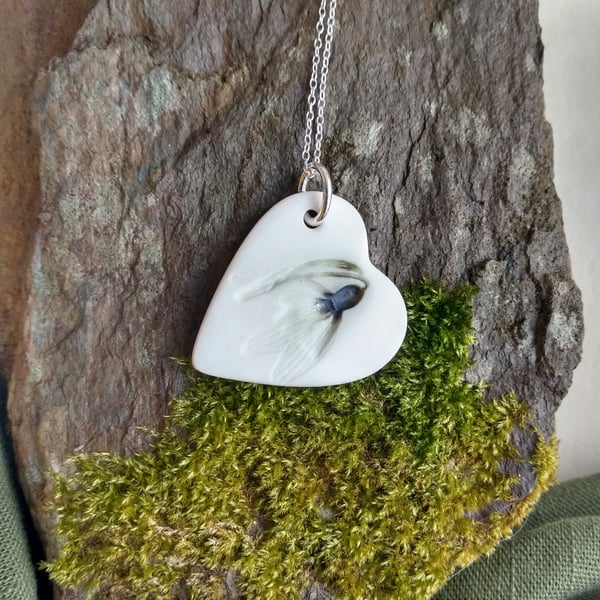 Porcelain Ceramic Snowdrop Necklace on Sterling Silver Chain