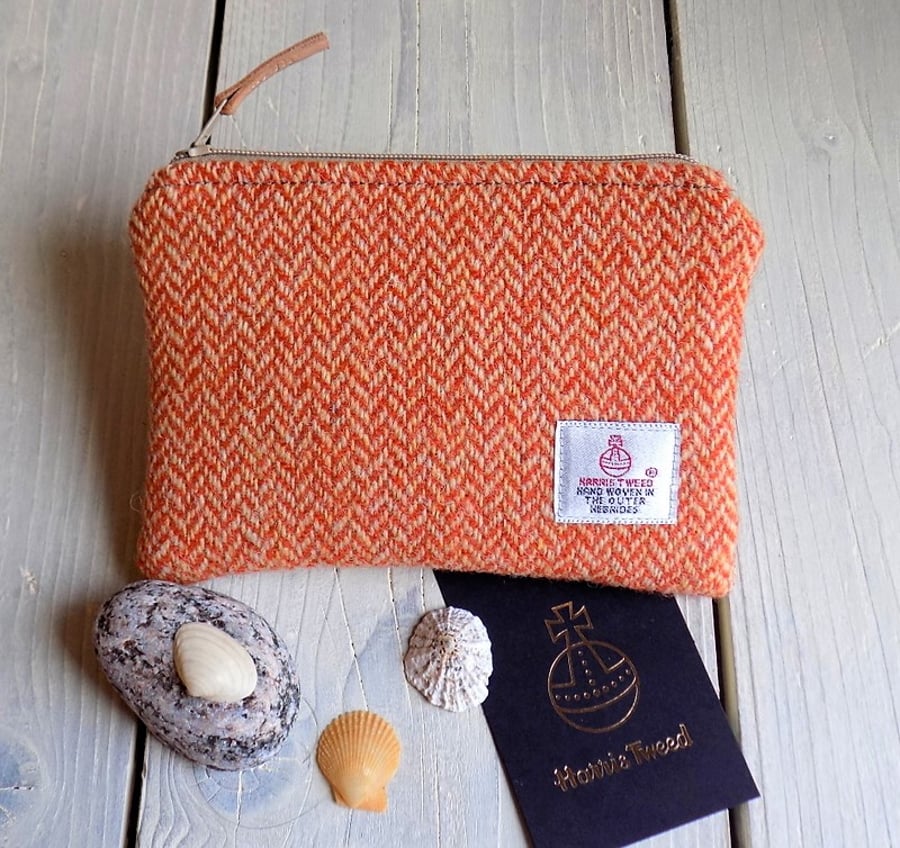 Harris Tweed large coin purse in Orange and beige herringbone weave
