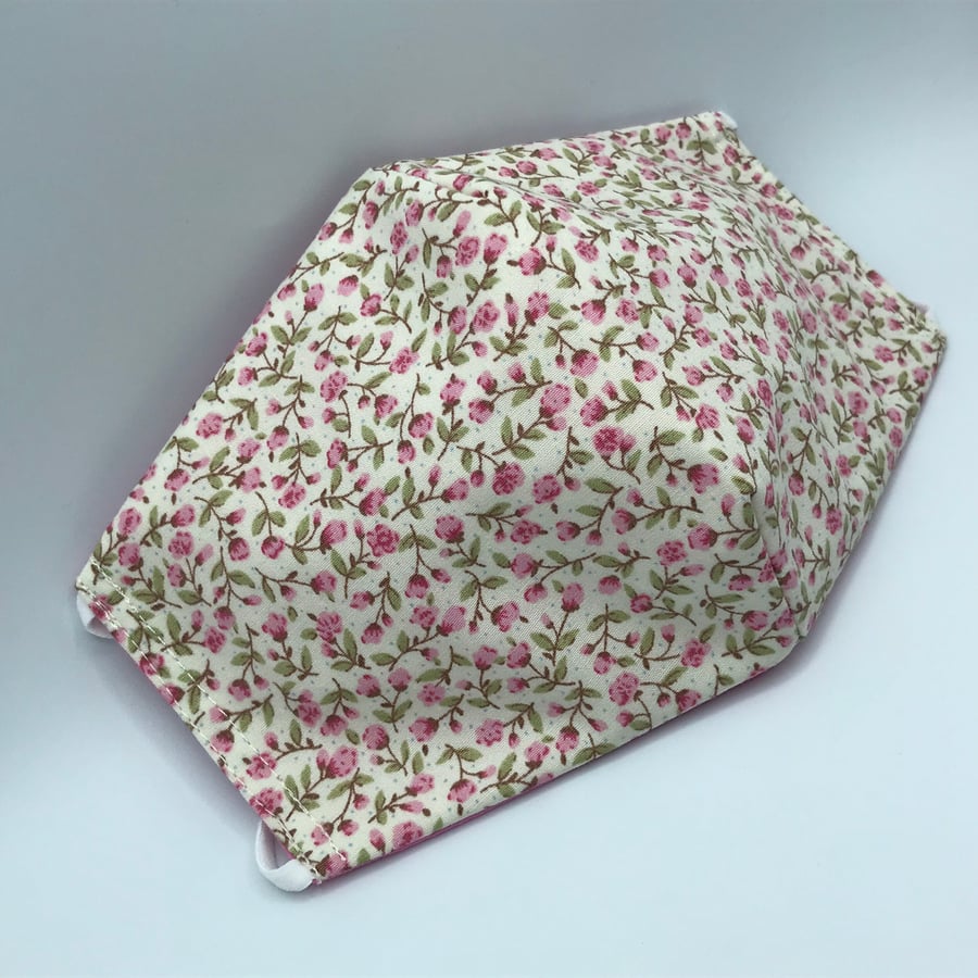 Pink Ditsy Flowers Face Mask. Triple layered. 100 % Cotton Fabric.