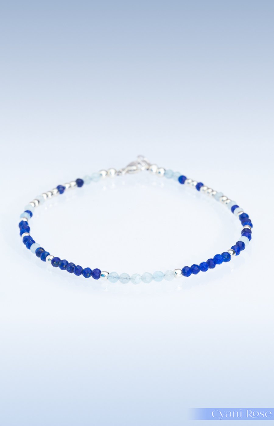 Lapis Lazuli Aquamarine and Sterling Silver handmade beaded bracelet