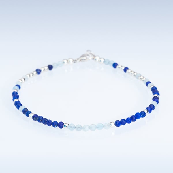 Lapis Lazuli Aquamarine and Sterling Silver handmade beaded bracelet