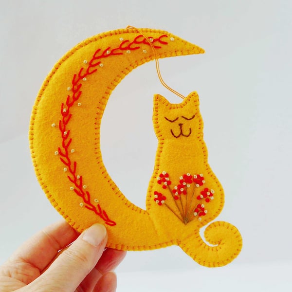 Yellow hanging ornament, embroidered crescent moon and cat 