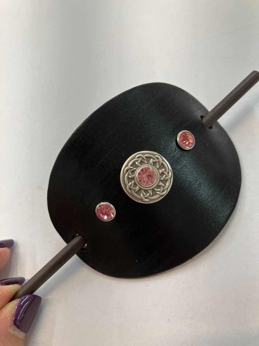 Black Leather Hair Stick Barrette with Celtic Design centre and 3 Pink Gems