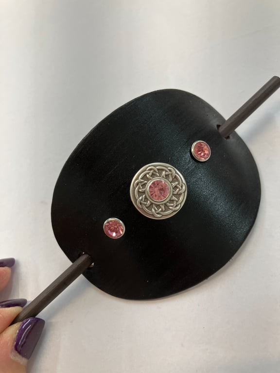 Black Leather Hair Stick Barrette with Celtic Design centre and 3 Pink Gems