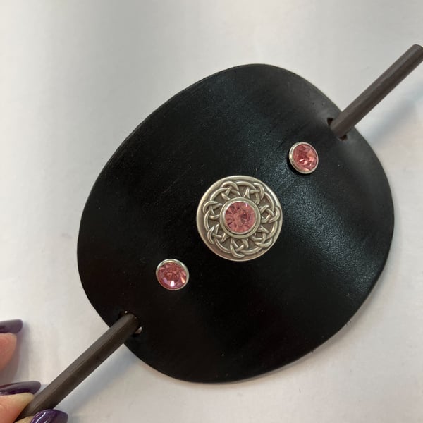 Black Leather Hair Stick Barrette with Celtic Design centre and 3 Pink Gems