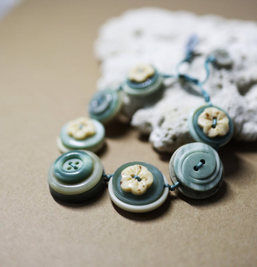 Ash Blue and Ivory - Vintage Button Adjustable Bracelet