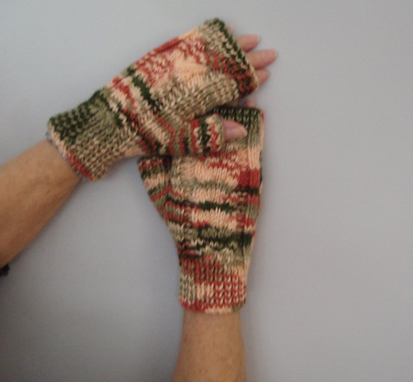 Hand Knitted Fingerless Gloves Greens Orange And Pinks (J90)