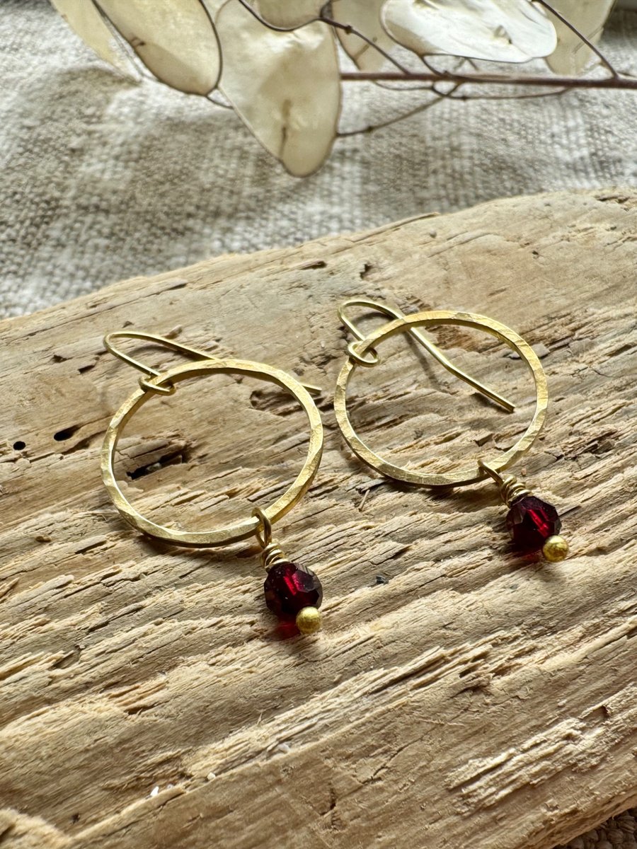 Simple Brass Hoop Earrings With Garnet Gemstones Handmade in Cornwall 