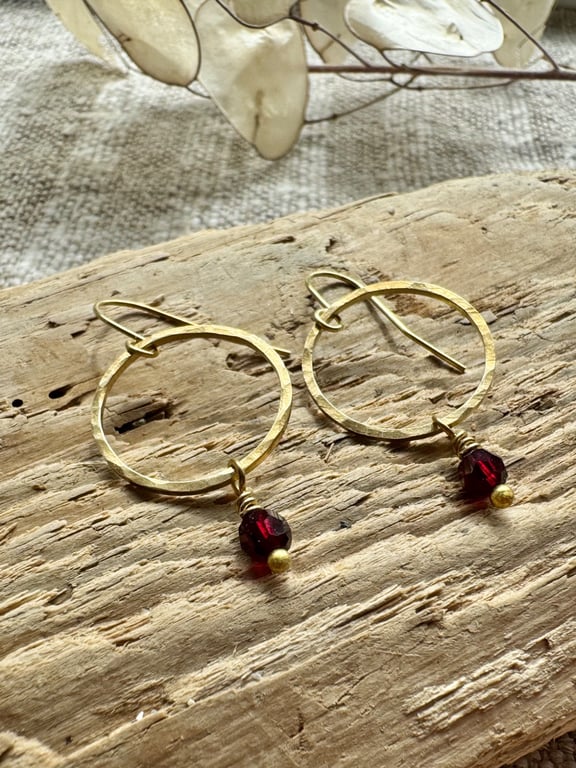 Simple Brass Hoop Earrings With Garnet Gemstones Handmade in Cornwall 