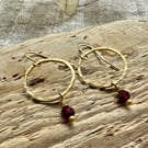 Simple Brass Hoop Earrings With Garnet Gemstones Handmade in Cornwall 