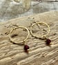 Simple Brass Hoop Earrings With Garnet Gemstones Handmade in Cornwall 