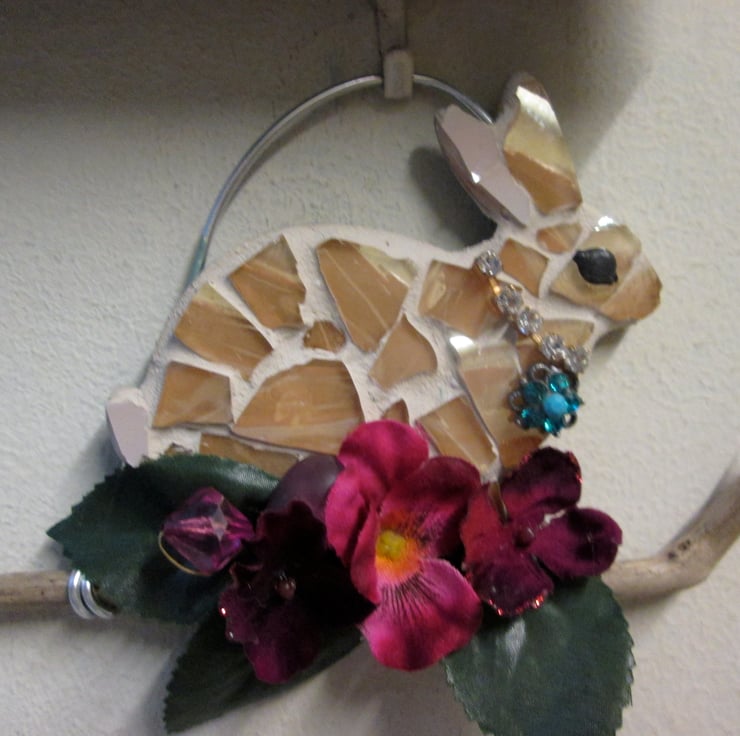 Mosaic Rabbits on a driftwood branch. - Folksy