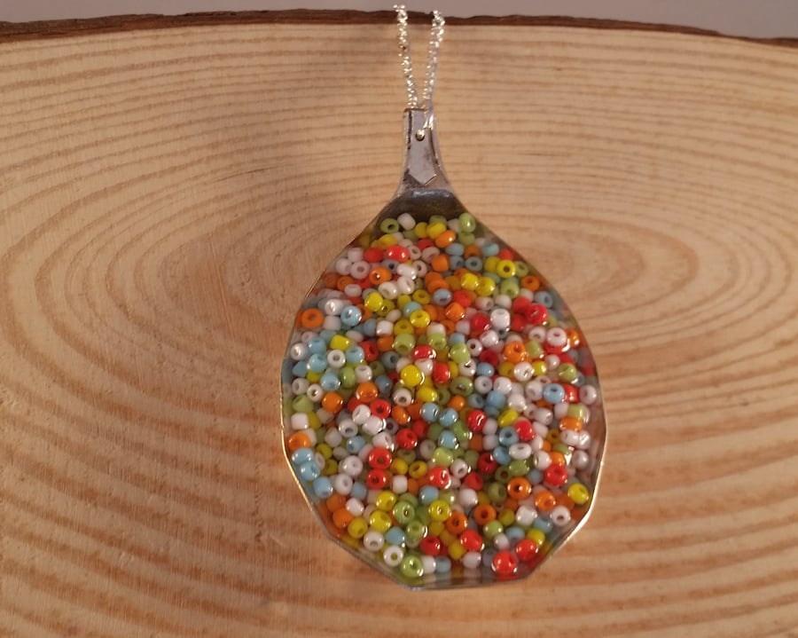 Upcycled Silver Plated Seed Bead Spoon Necklace SPN051613