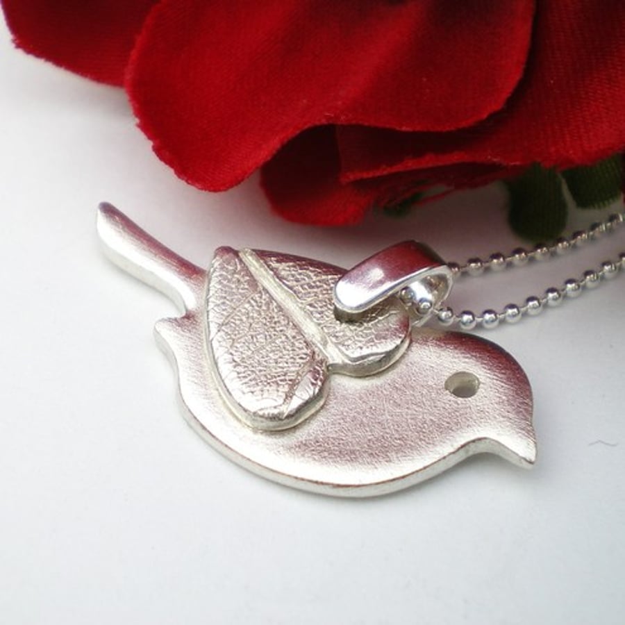 Tiny Silver Heart Bird Pendant