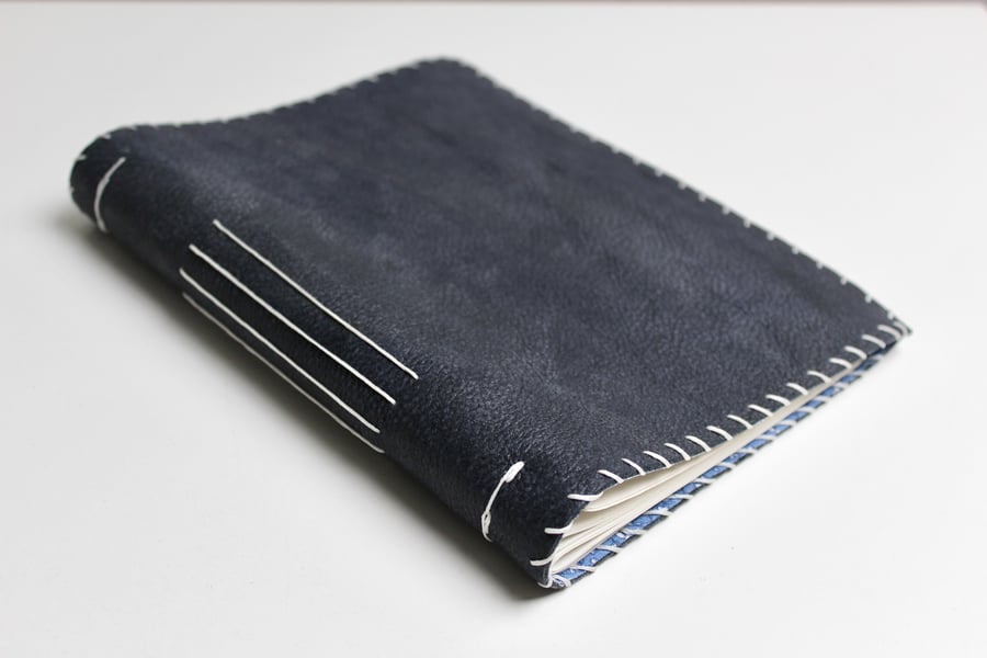 A5 Handmade Blue Leather Notebook recycled paper floral fabric lining 