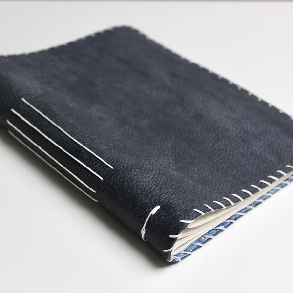 A5 Handmade Blue Leather Notebook recycled paper floral fabric lining 