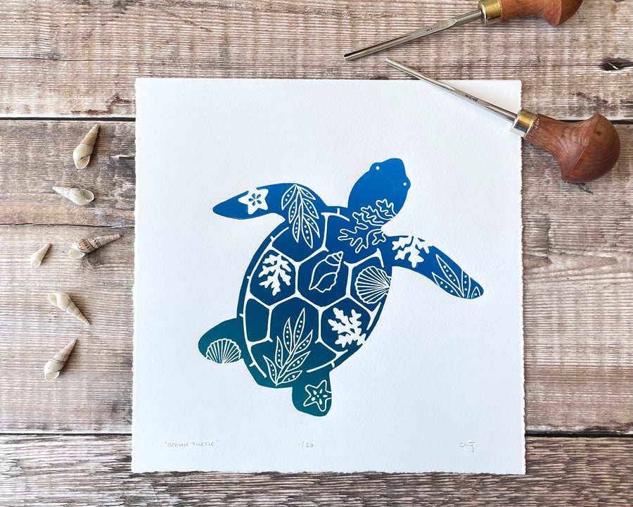 Ocean turtle shell lino print