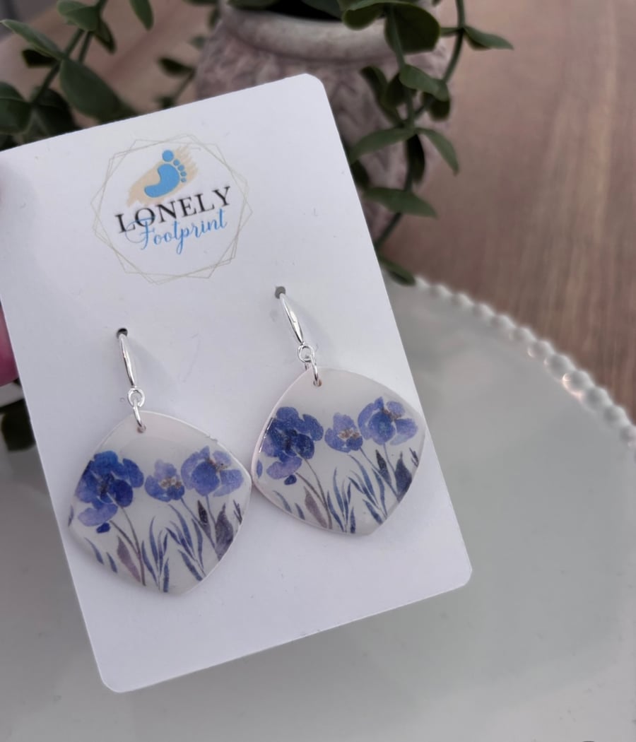 Blue Floral Dangle Polymer Clay Earrings - Lightweight Handmade Earrings 