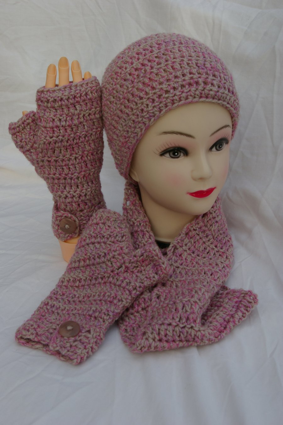 Hat, Scarf and Fingerless Gloves Set Hand Crochet in Fawn and Pink