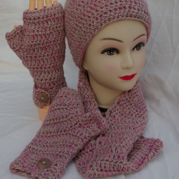 Hat, Scarf and Fingerless Gloves Set Hand Crochet in Fawn and Pink