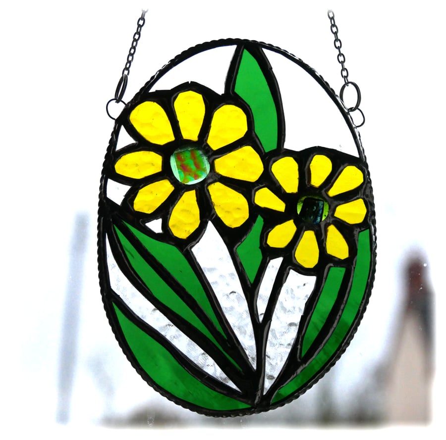 Daisy Oval Stained Glass Suncatcher  Handmade Yellow Flower