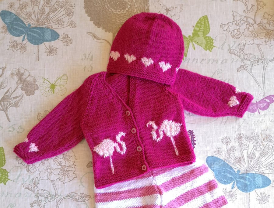 Baby Knitting Pattern for Jacket and matching Hat with Flamingos.  Digital