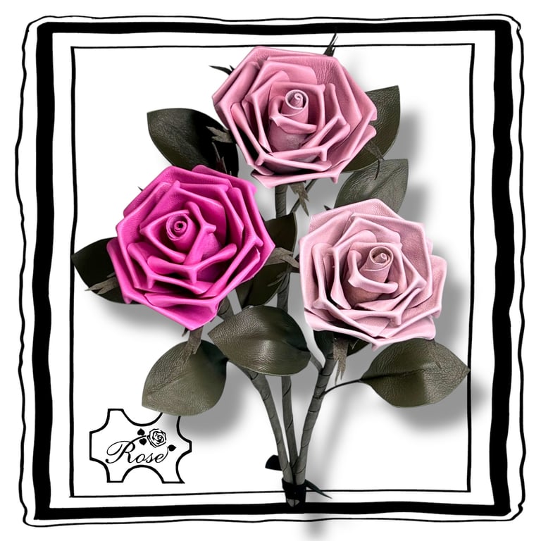 Forever in Pink - Trio of Pink Leather Roses with Vase. Mother’s Day Gift