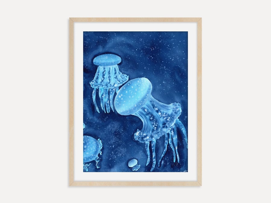 Blue Jellyfish Art Print, Ocean Wall Art, Underwater Marine Life Art Poster