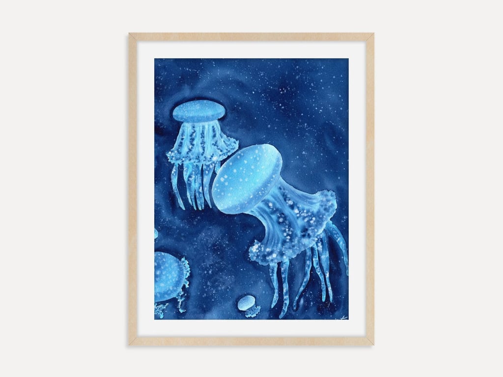 Blue Jellyfish Art Print, Ocean Wall Art, Underwater Marine Life Art Poster