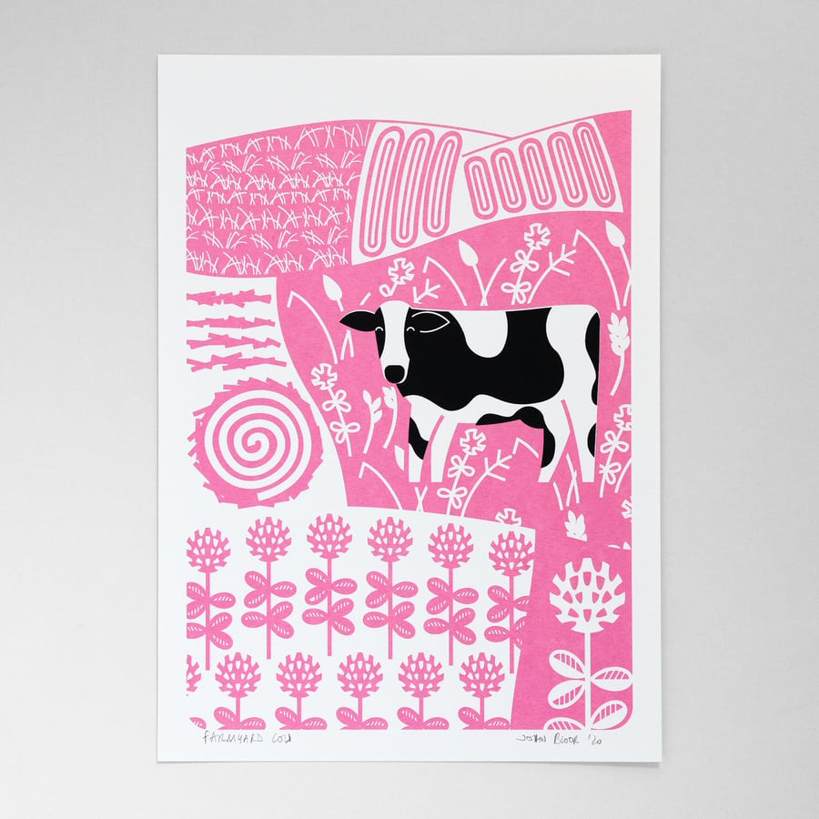 Farmyard Cow hand pulled screen print