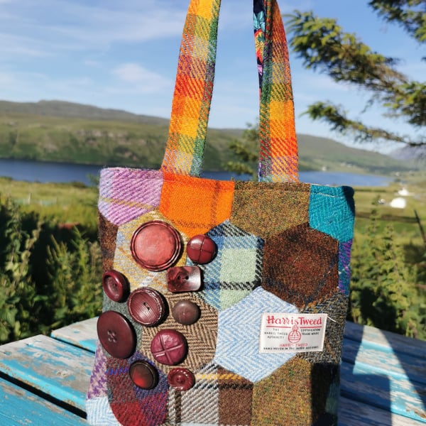 Harris Tweed Hexagonal patchwork with vintage buttons 
