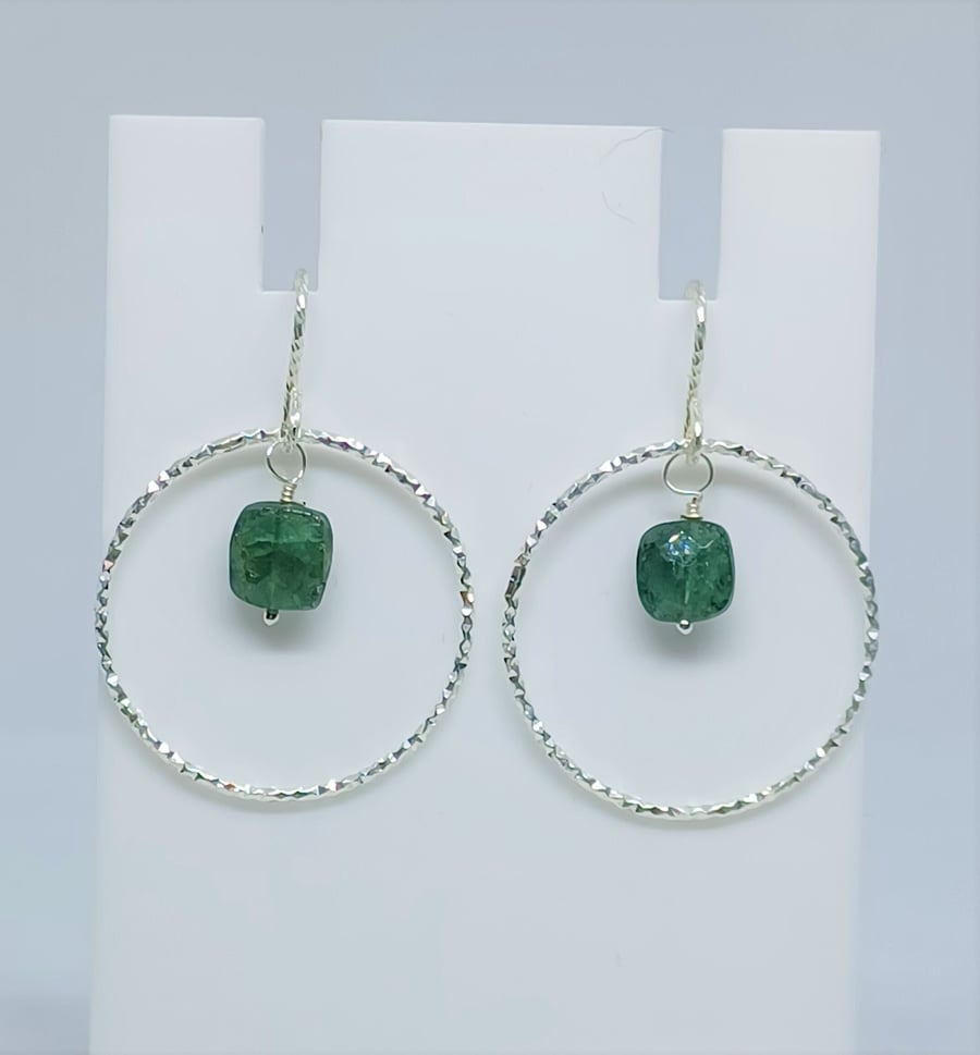 Green Tourmaline and Sterling Silver Sparkly Textured Hoop Earrings, Gemstone Je