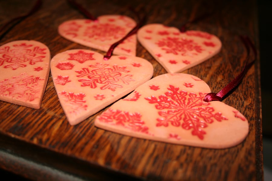 Christmas Handmade ceramic Red heart embossed with snow flake design decoration