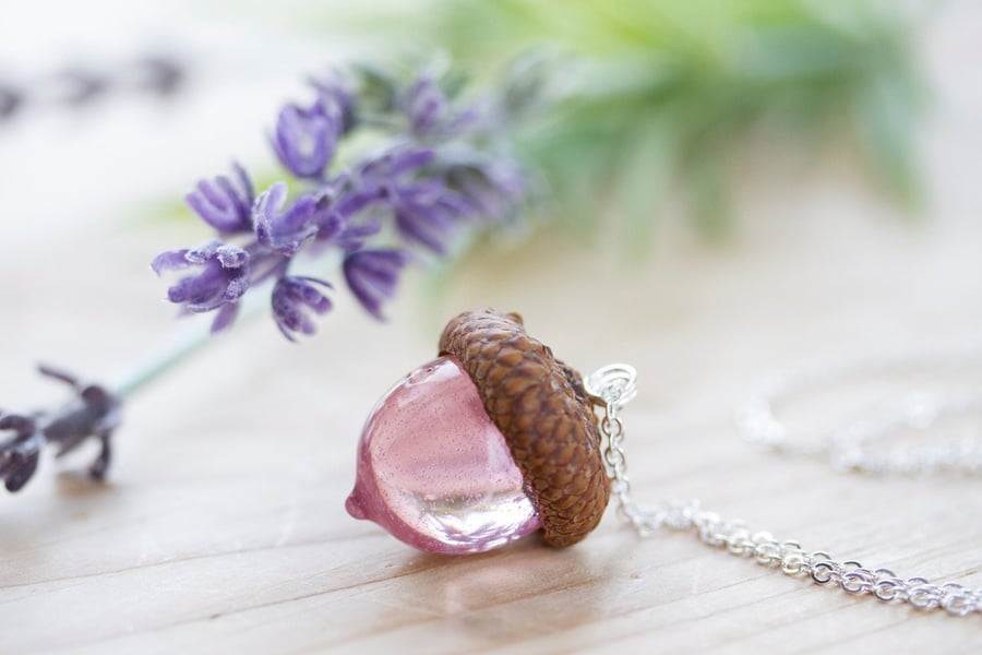 Acorn Necklace Pink Real Flower Jewelry Gifts for Her Acorn Jewelry Resin Neckla