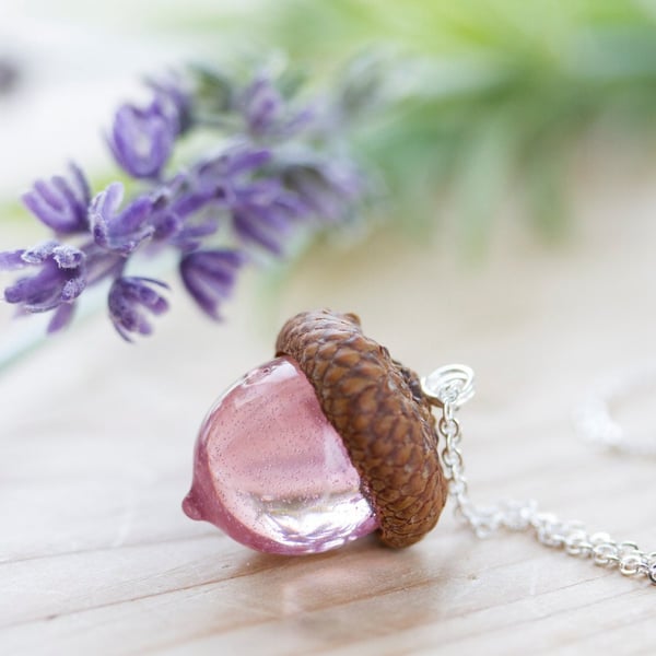 Acorn Necklace Pink Real Flower Jewelry Gifts for Her Acorn Jewelry Resin Neckla